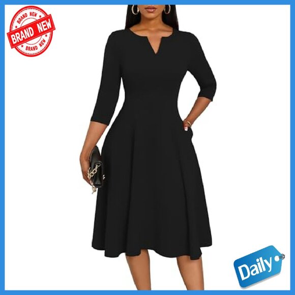 Midi A-Line Fit Flare Dress 3/4 Sleeve V-Neck with Pockets - Picture 2 of 8